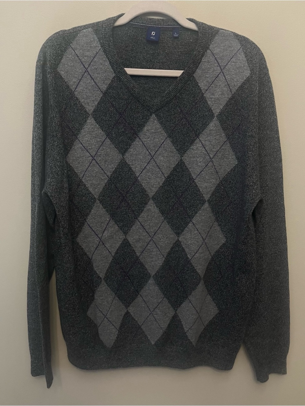 FootJoy 100% Cashmere Argyle V-Neck Golf Sweater Men's Size Large Grey Preppy
